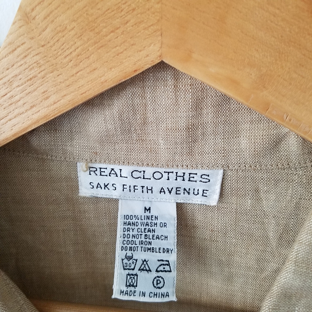 Vintage Real Clothes Saks Fith Avenue  100% Linen Beige Button Front Shirt  M - Picture 11 of 11